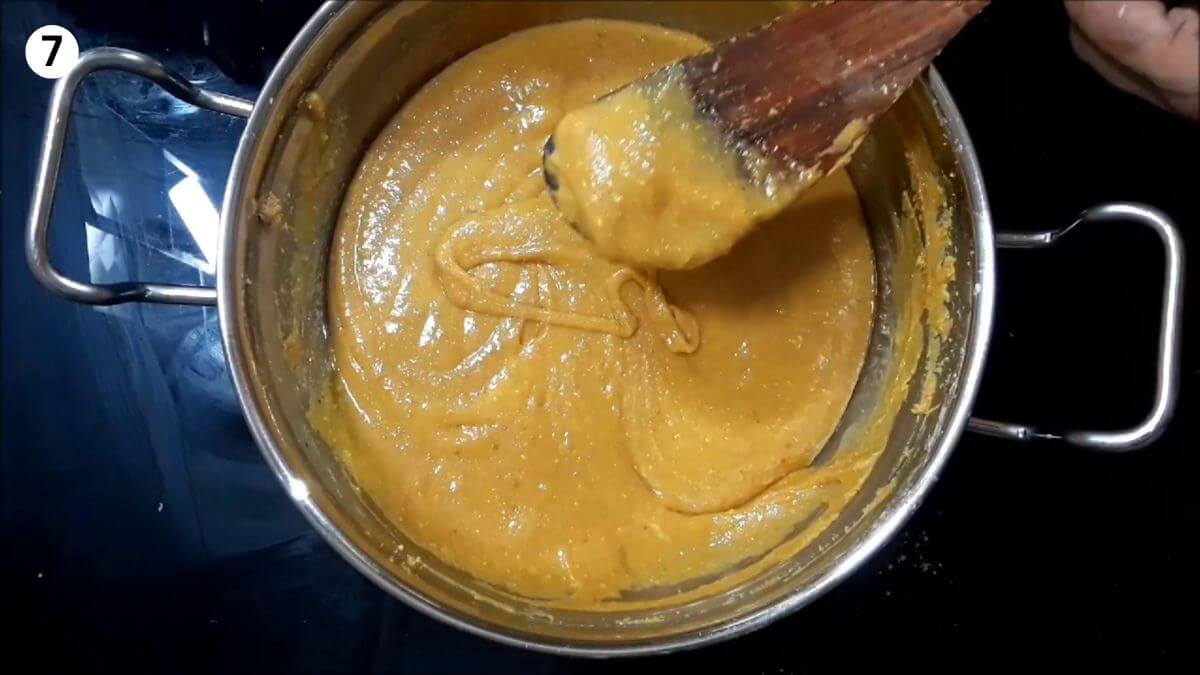 sugar syrup mixed with roasted besan.