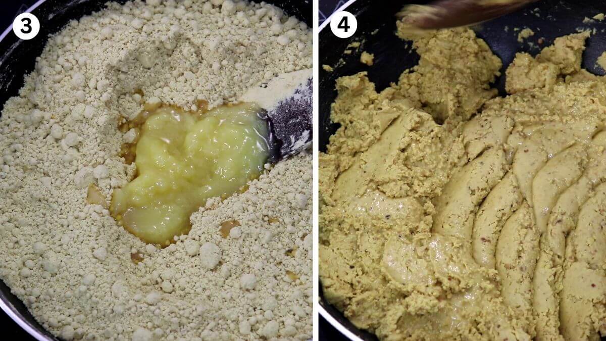 roasting besan in ghee to make danedar besan ladoo. Collage of two images: one showing ghee being added while roasting besan, and the other showing ghee released from the roasted besan.