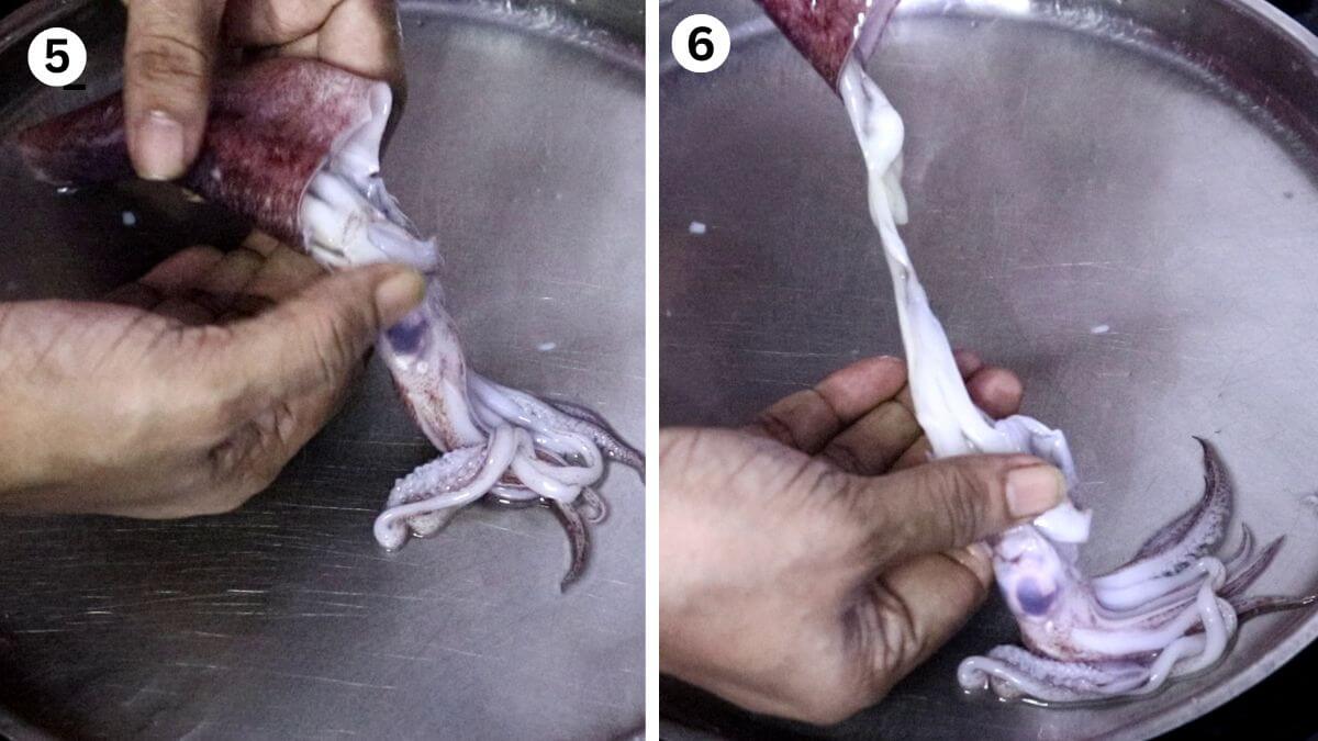 collage of two images showing how to remove the head from a whole squid.