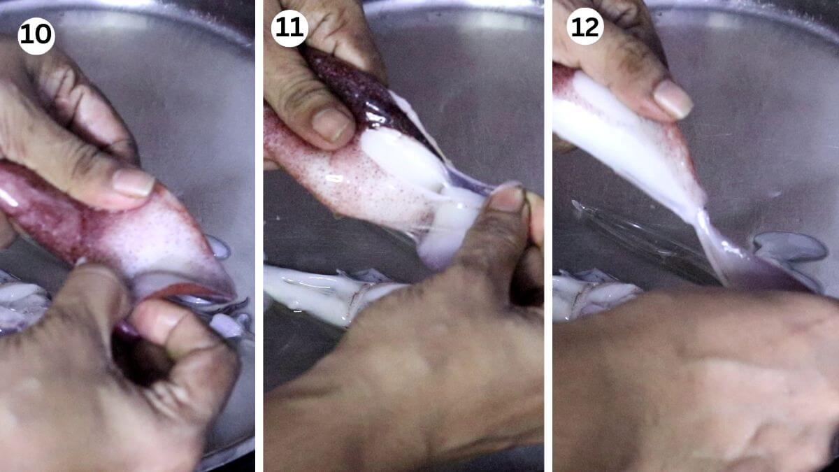 collage of 3 steps showing how to pull out the clear plastic-like backbone from a squid.