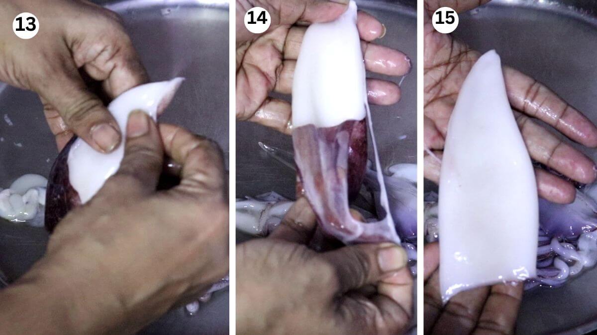 collage of 2 images showing how to peel off the purple color skin from fresh squid while cleaning it.