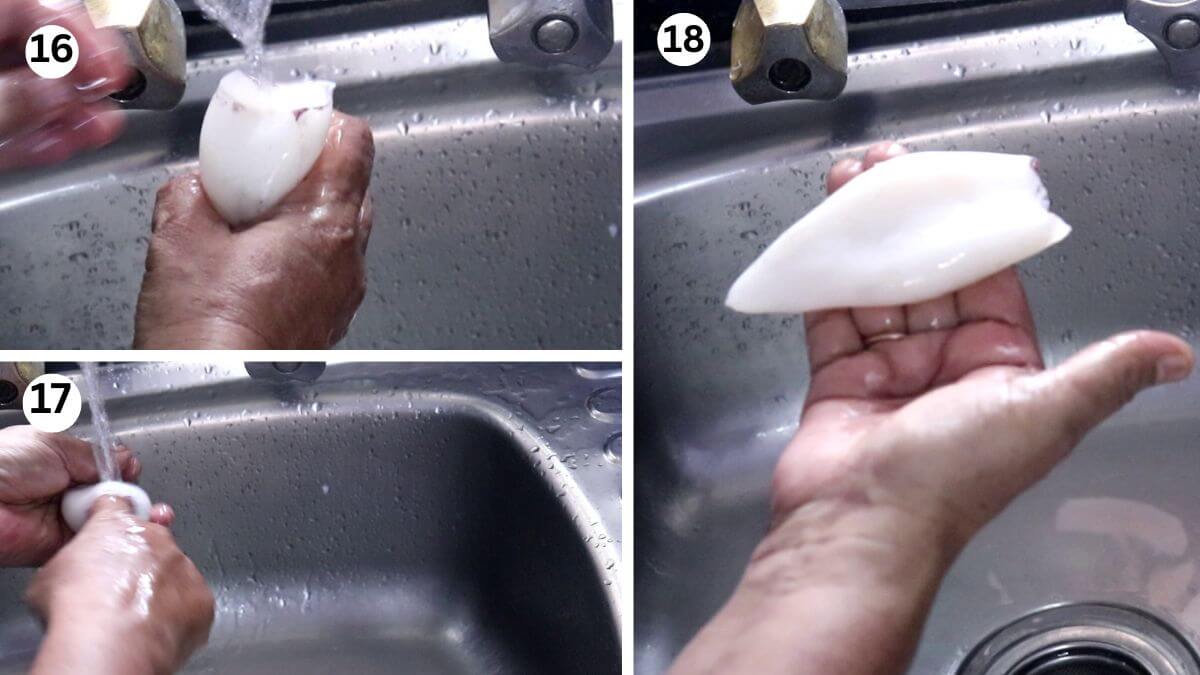 image collage of 3 steps showing rinsing the squid after cleaning.