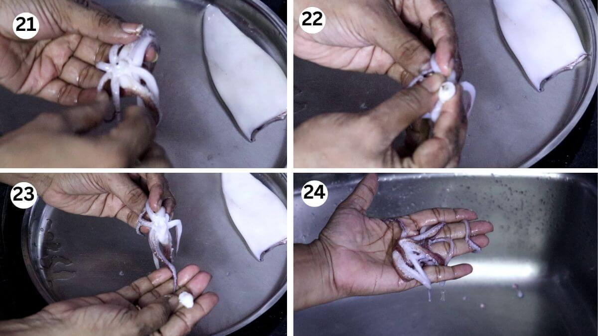 Collage of four images showing how to remove the beak from squid. It shows pressing the center of the tentacles, the beak popping out, and the cleaned tentacles after removing it.