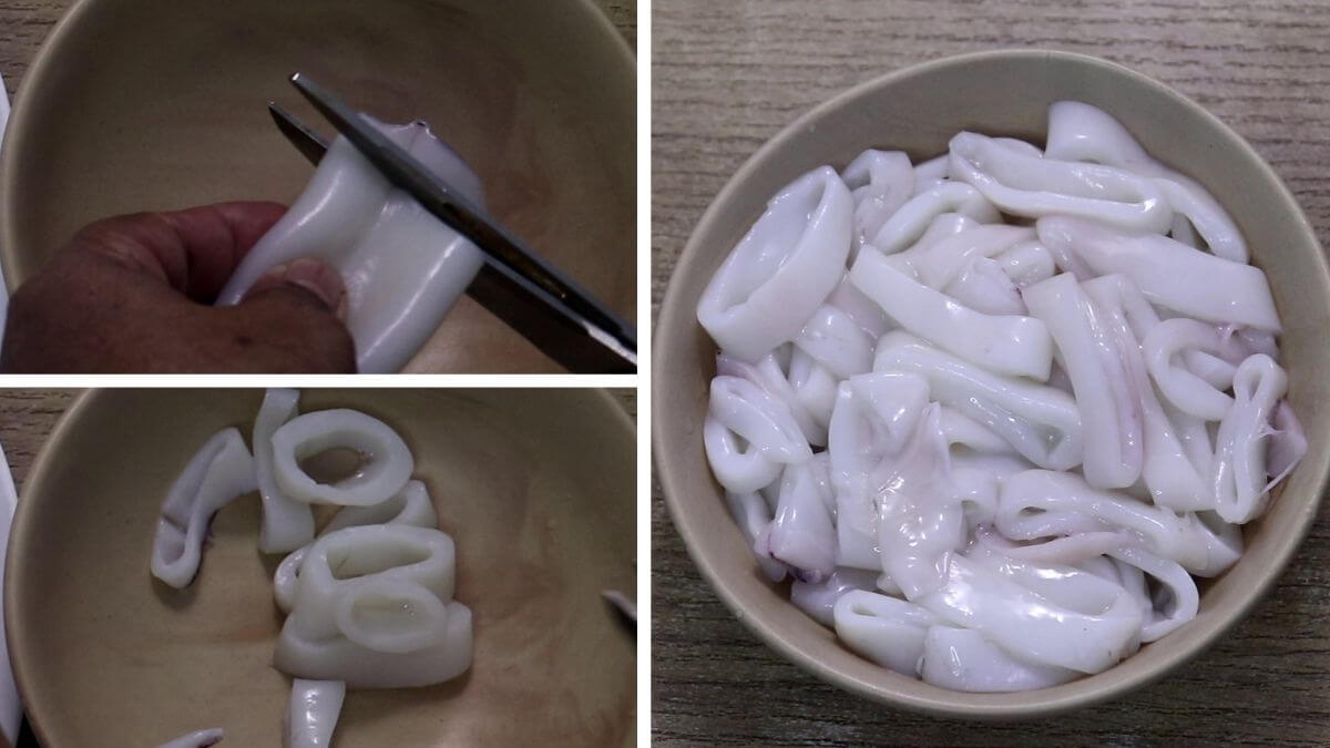 how to cut squid into rings after cleaning.