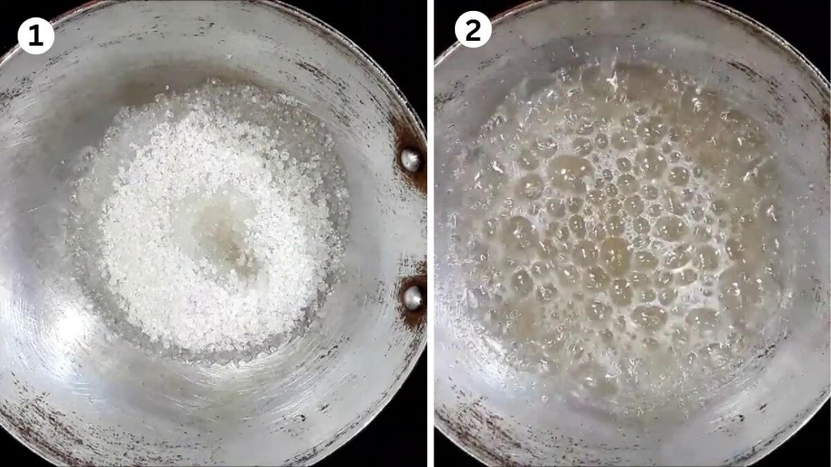 collage of 2 images showing cooking sugar and water to make boora recipe.