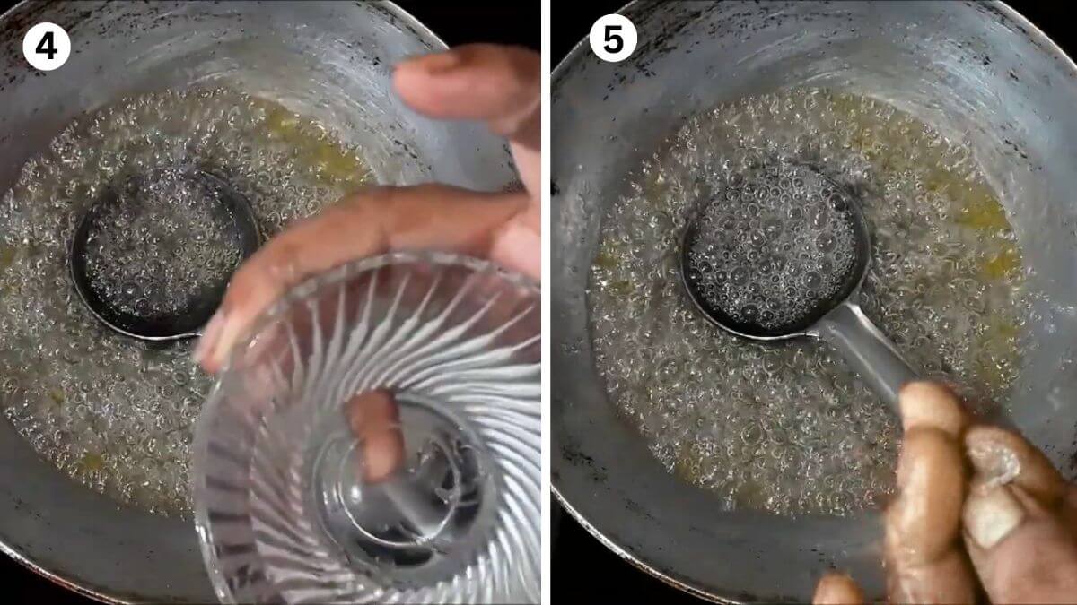 collage of 2 images showing drop test for Boora recipe. One image shows hot sugar syrup being dropped into a bowl of water, and the other shows crystallized sugar forming, indicating the syrup is ready.