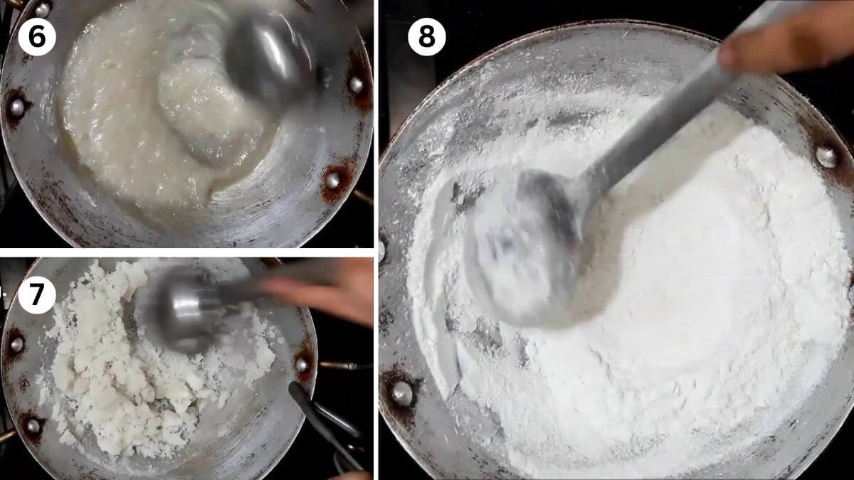 Collage of 3 images showing the process of stirring sugar syrup after removing from heat to make boora (tagar) at home.