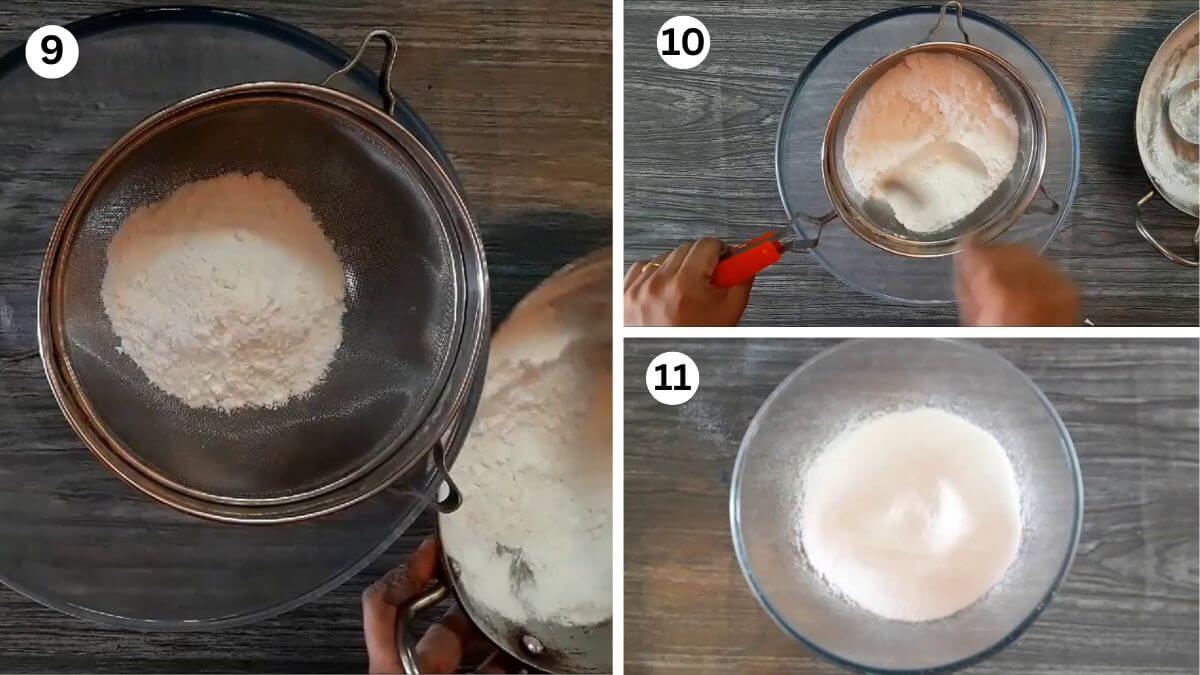collage of 3 images showing how to sieve Boora before using it for making ladoos. Sieving, and collecting fine Boora sugar.