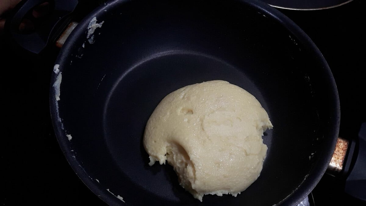 the milk powder mixture thickens and leaves the pan. Instant mawa is ready.