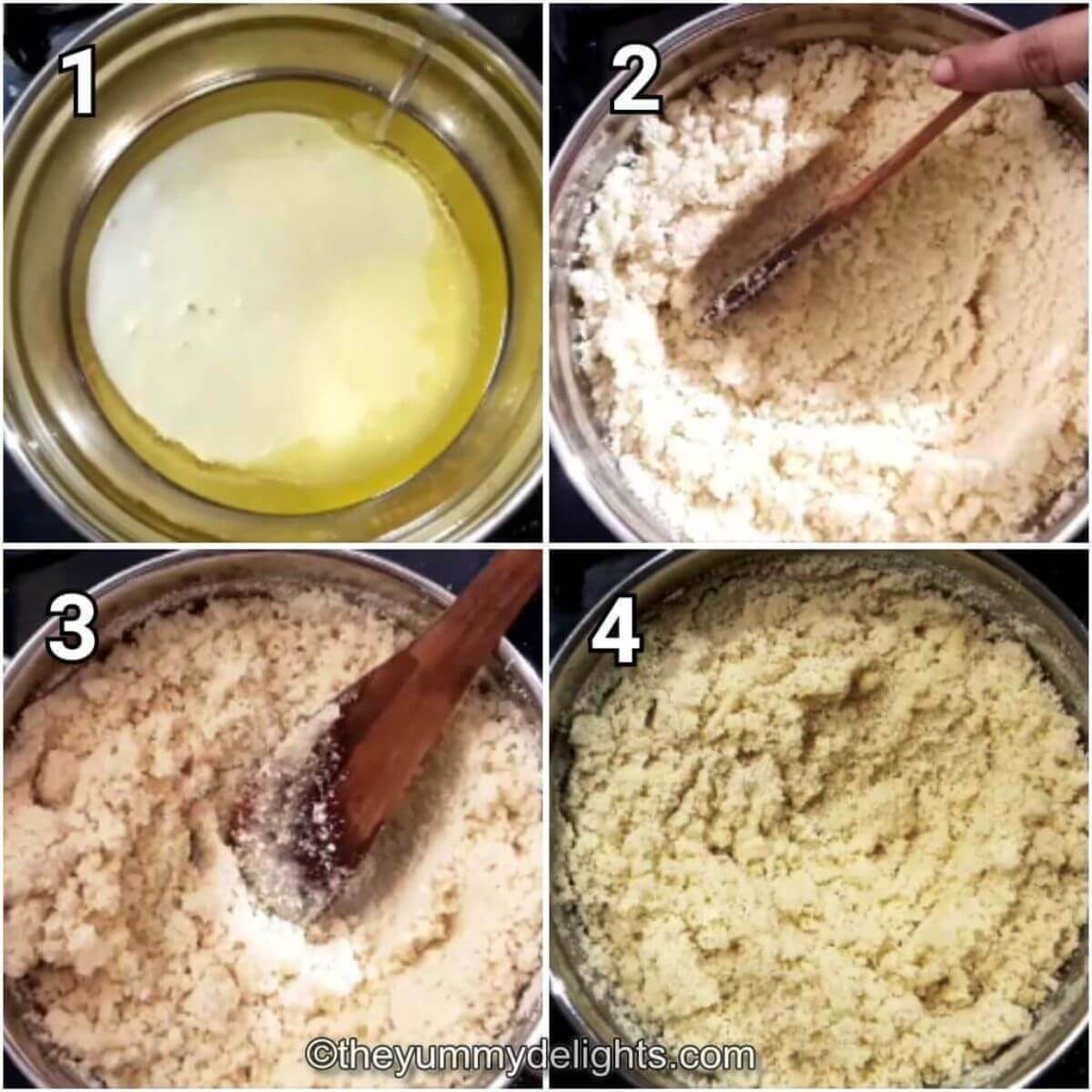 collage image of 4 steps to make rava ladoo. It shows how to roast rava.