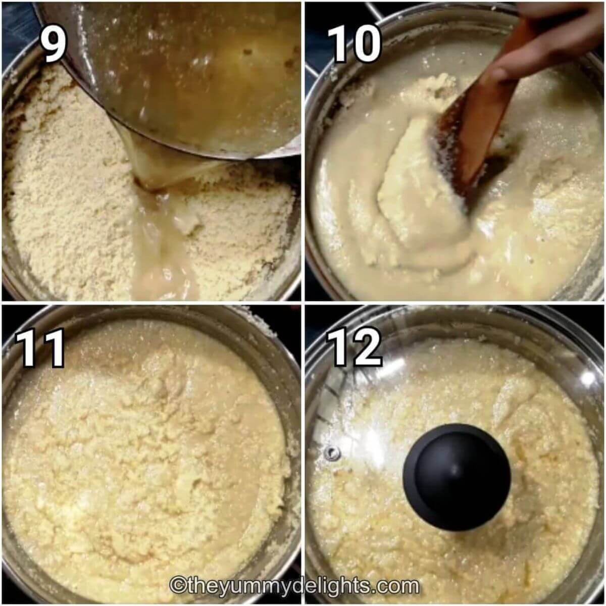 collage image of 4 steps on how to make maharashtrian rava ladoo with sugar syrup. It shows adding sugar syrup to roasted rava.