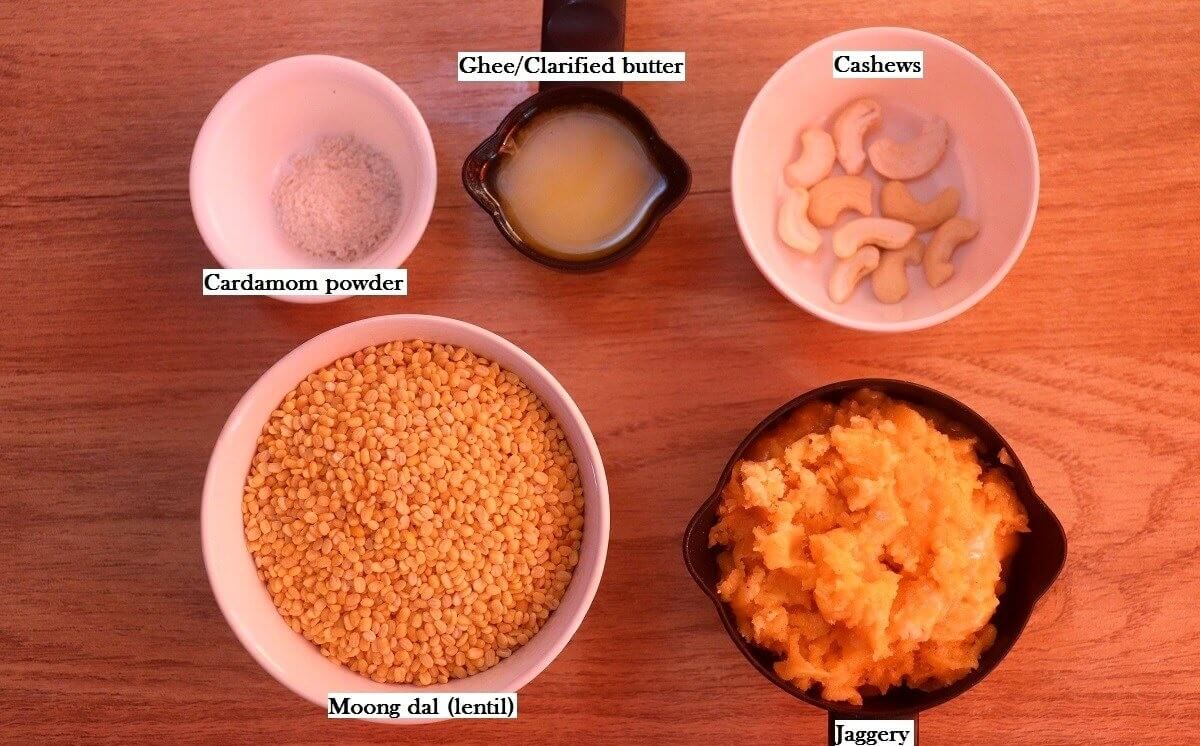 invidually labelled ingredients to make moong dal ladoo recipe are laid out on a table.