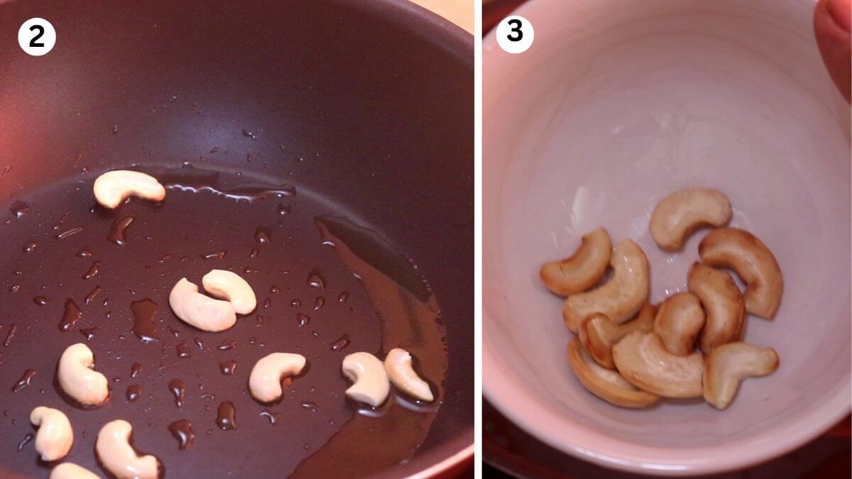 lightly frying cashews to make moon dal ladoo.