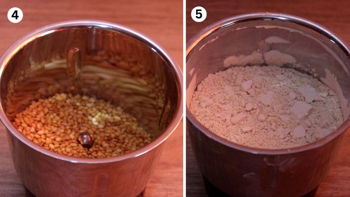 collage image of 2 steps showing grinding roasted moon dal in a mixer to make moong dal ladoo recipe.