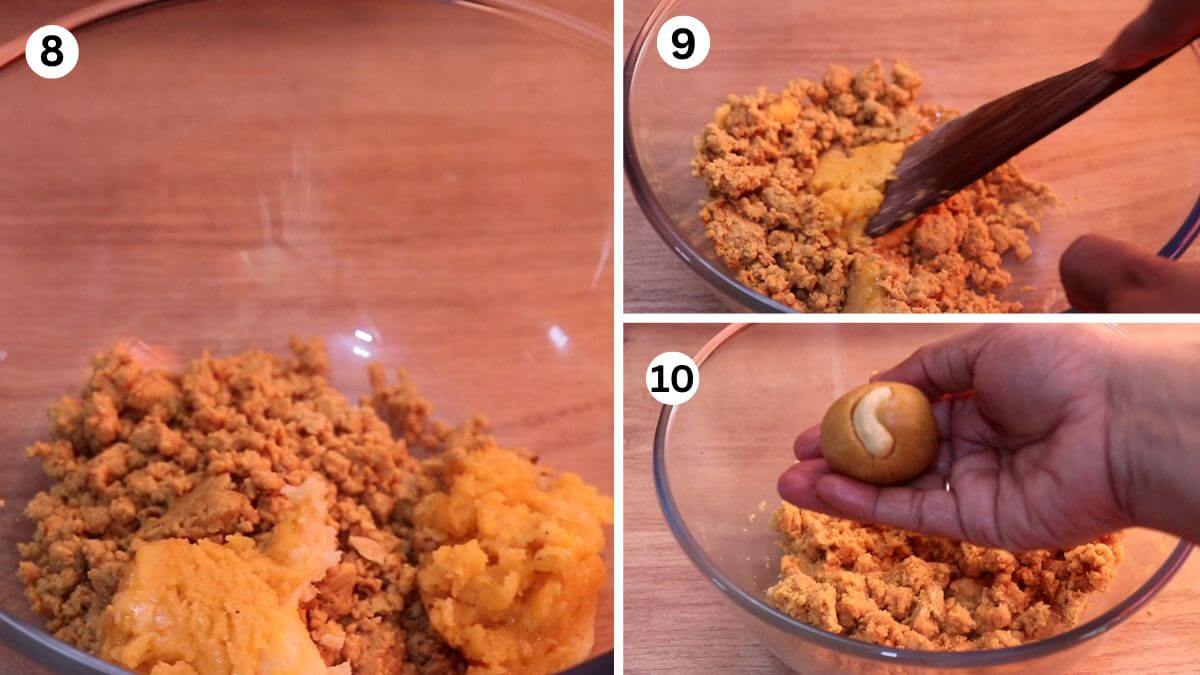 collage image of 3 steps showing shaping moong dal ladoos. It shows addition of jaggery, combining it with spatula, and shaping the moong dal ladoos.