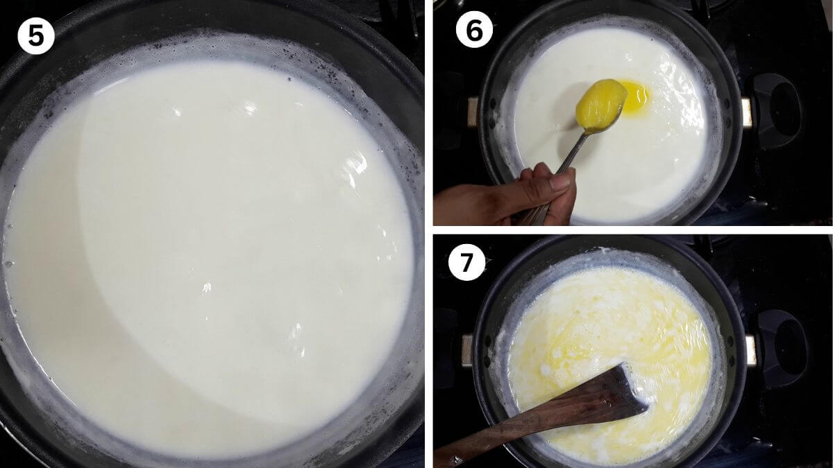 collage of 3 images showing boiling milk and addition of ghee to make ravyache gulab jamun.