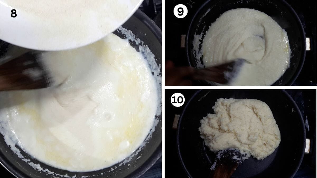 clollage of 3 images showing mixing milk and suji to make ravyache gulab jamun