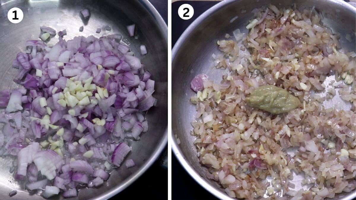 collage of 2 images showing how to make squid masala. It shows addition of onion and garlic, sauteing them and addition of ginger-garlic paste.