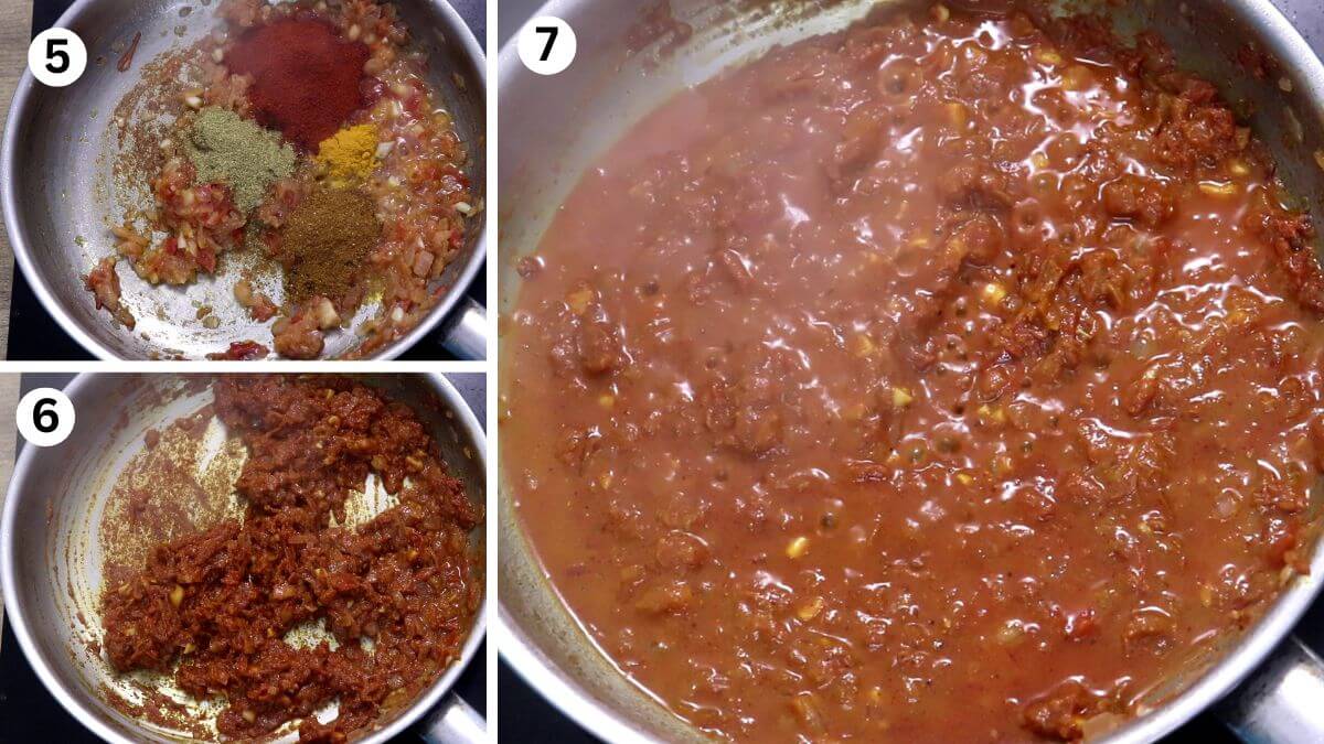 collage of 3 images showing making goan mankyo masala. It shows addition of spice powders, cooking them and addition of water to adjust the consistency of masala.
