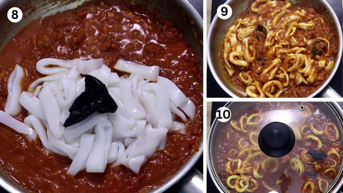 collage of 3 images showing addition od squid and cooking it in onion tomato masala.