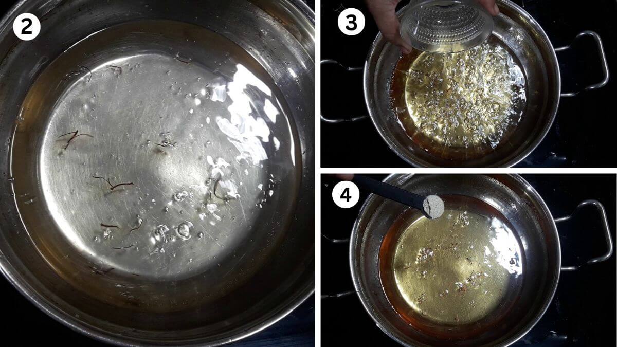 collage of 3 images showing making sugar syrup for suji gulab jamun