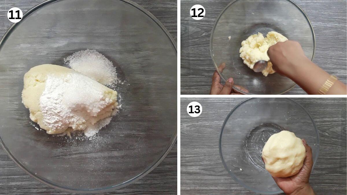collage of 3 images making suji gulab jamun dough by mixing roasted suji with milk, ghee, and flour to prepare soft and smooth dough for perfect suji gulab jamun.