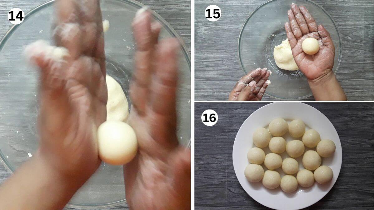 collage of 3 images showing rolling the suji gulab jamun mixture into small, smooth balls before soaking them in sugar syrup.