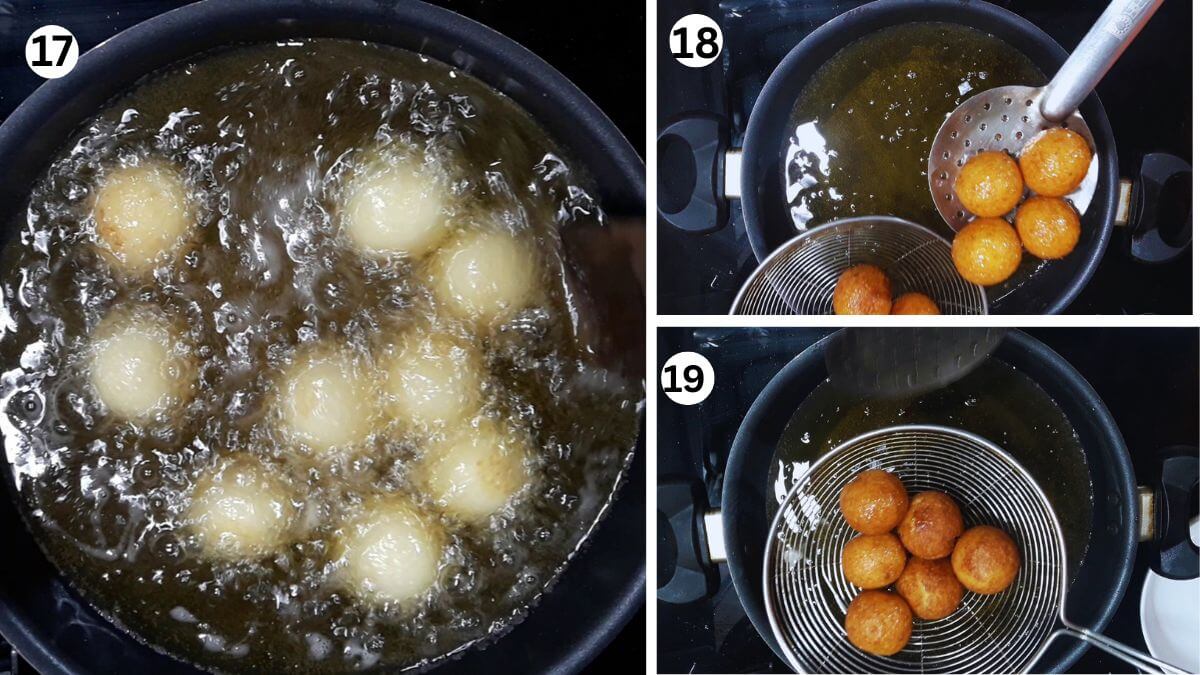 collage of 3 images showing frying suji gulab jamun.