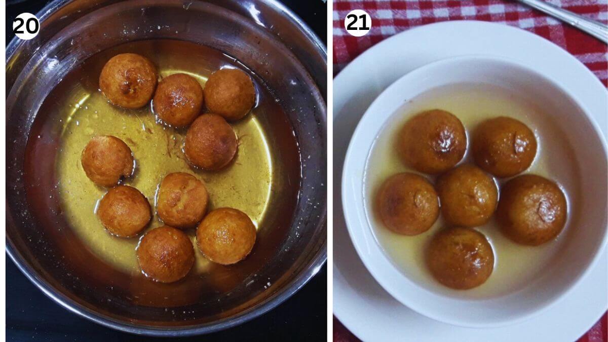 collage image of 2 phoots showing suji gulab jamun or ravyache gulab jamun being dipped in warm sugar syrup