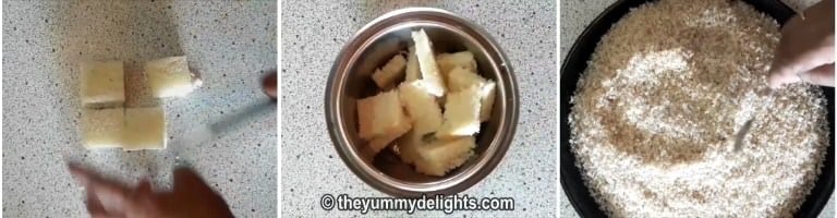 A collage showing three steps to make breadcrumbs at home. It shows cutting bread slices, placing the pieces in a mixer jar, and grinding them into fine crumbs.