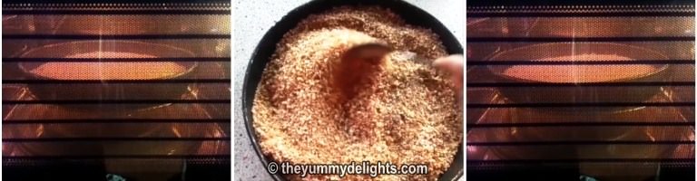 collage image showing three steps of baking breadcrumbs in the oven, from spreading them on a tray to toasting until golden.