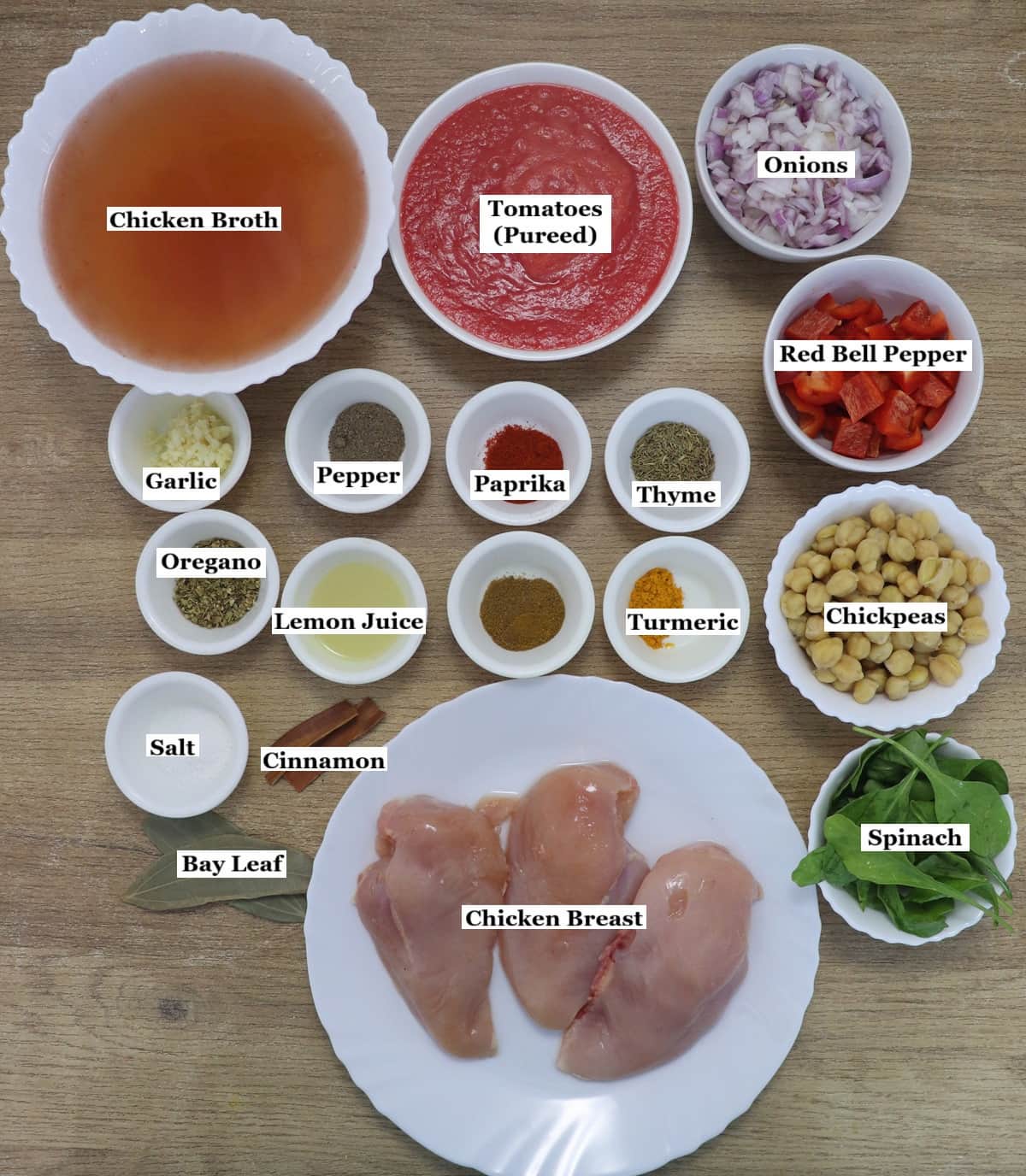 individually labelled ingredients to make Mediterranean chicken and chickpea soup are laid out on a table.