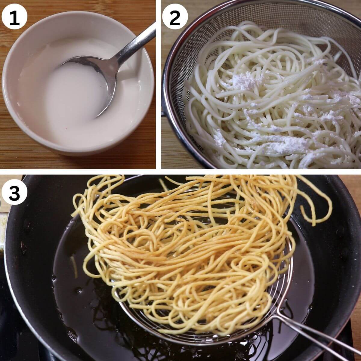 Collage of 3 images showing preparations for chicken manchow soup. It shows cornflour slurry being made, noodles coated with cornflour, and fried crispy noodles.
