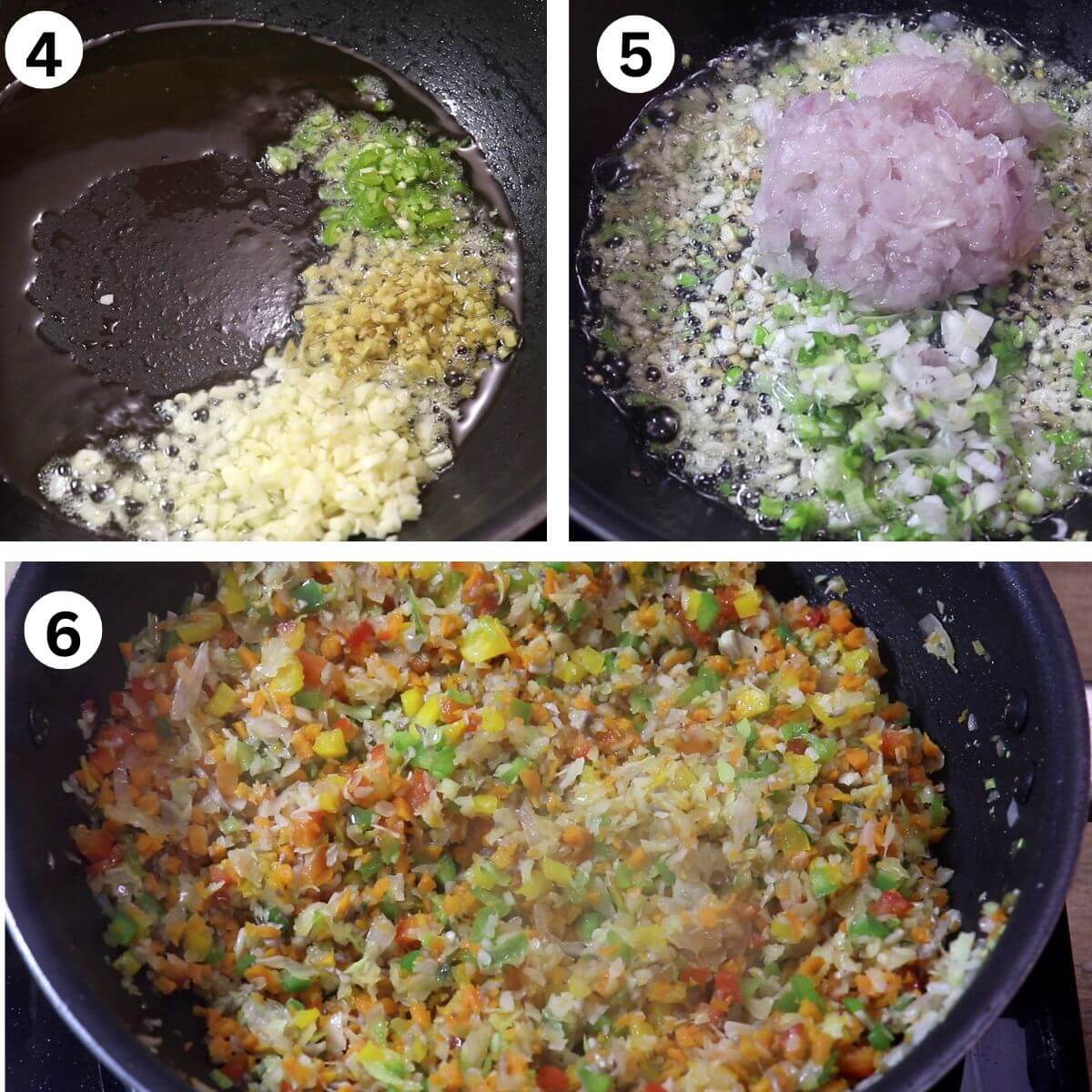 collage of 3 images showing sauteing garlic, ginger, and chopped vegetables in a pan while making chicken manchow soup.