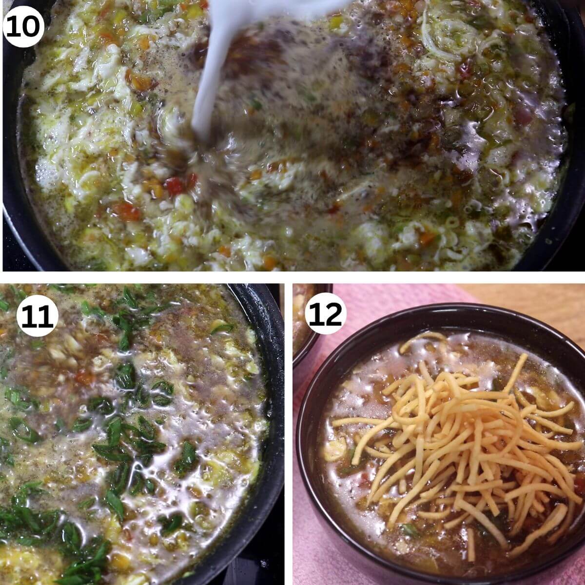 collage of 3 images showing cornflour slurry being added and cooked in chicken manchow soup, garnishing with cilantro, and serving the soup topped with fried noodles.