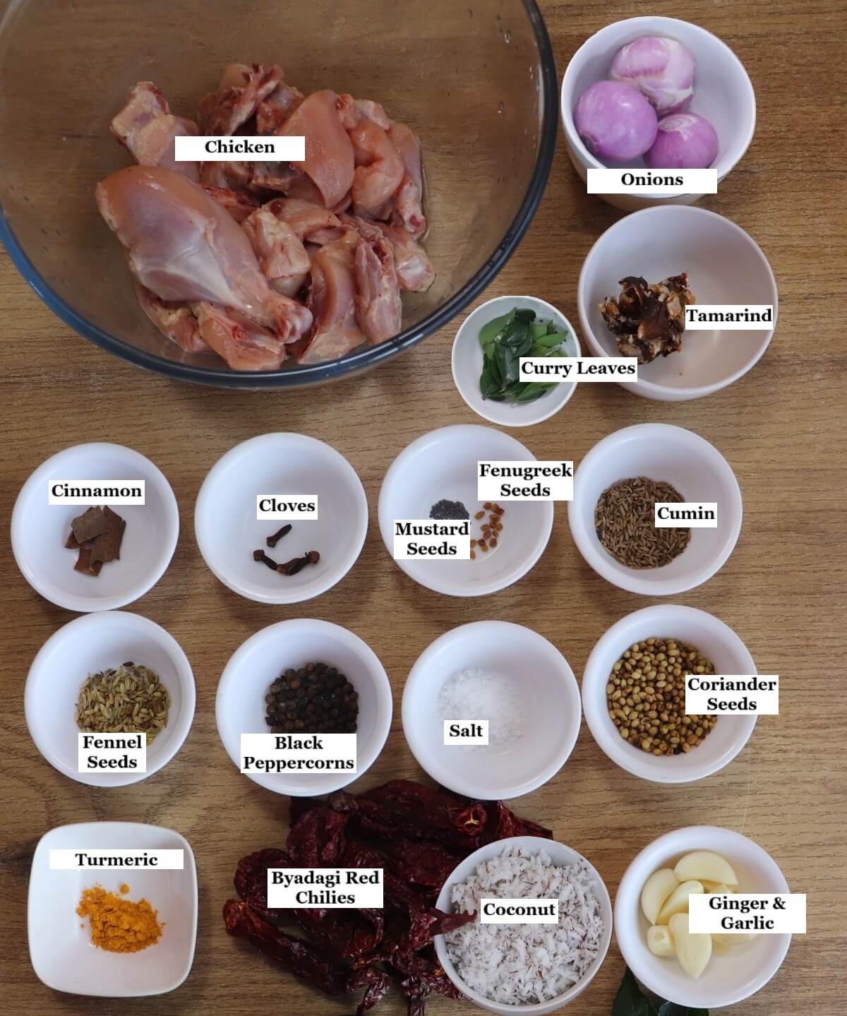 individually labelled ingredients to make chicken sukka are laid out on a table.