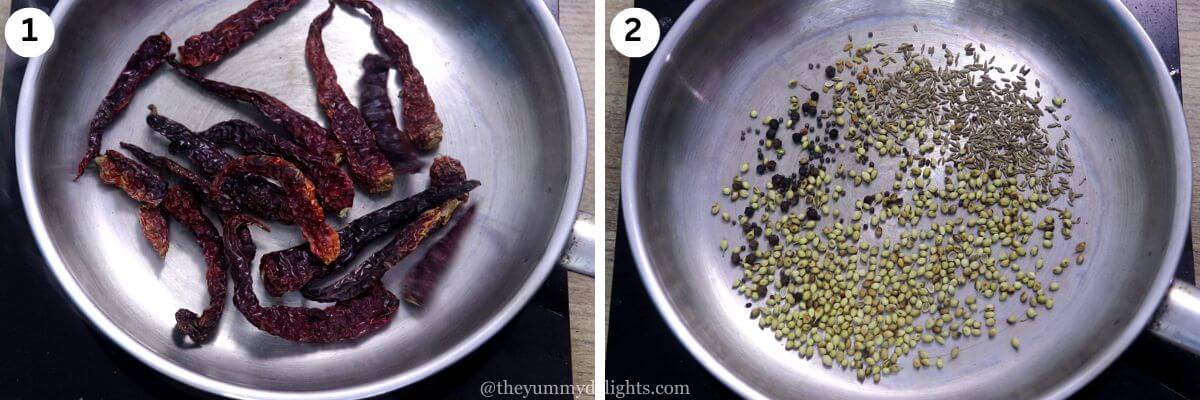 collage of two images showing how to make crab sukka masala. It shows roasting red chilies and spices to make crab sukka recipe.