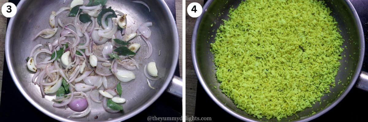 collage of two images showing how to make crab sukka. It shows roasting onions and another image showing roasting coconut.