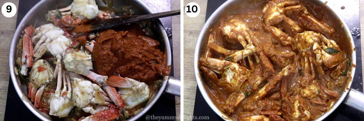 collage of two images showing addition of sukka masala to the crab curry.