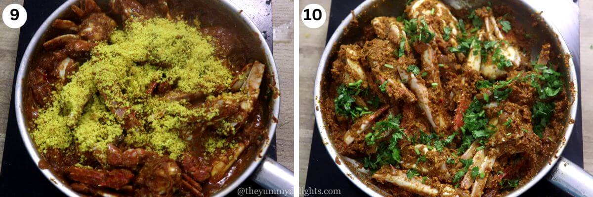 collage of two images showing addition of roasted coconut to the crab sukka and garnishing with coriander leaves.