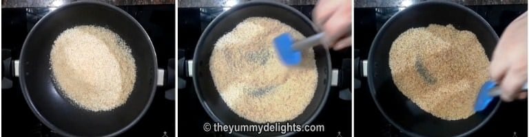 collage image of 3 steps showing toasting breadcrumbs in a pan until they turn crispy.