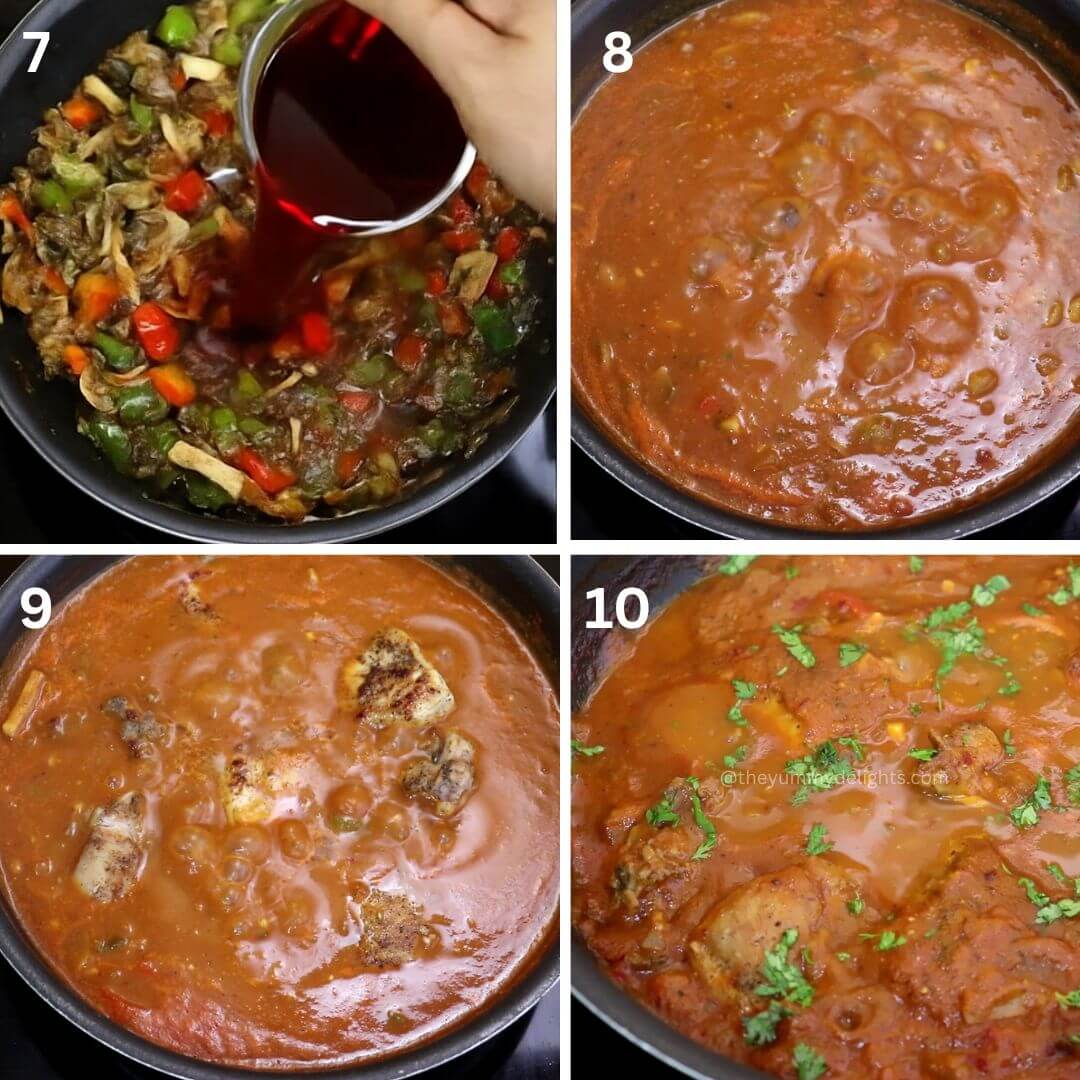 collage of 4 steps showing addition of red wine, tomato passata, chicken and cooking chicken cacciatore.