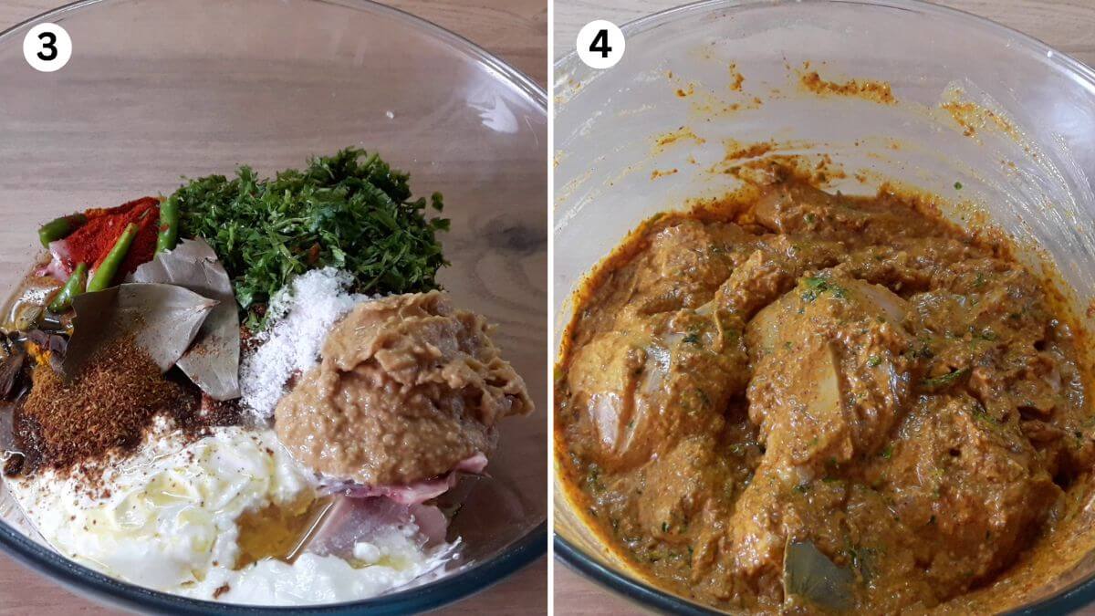 collage of 2 images showing marinating chicken for hyderabadi curry.