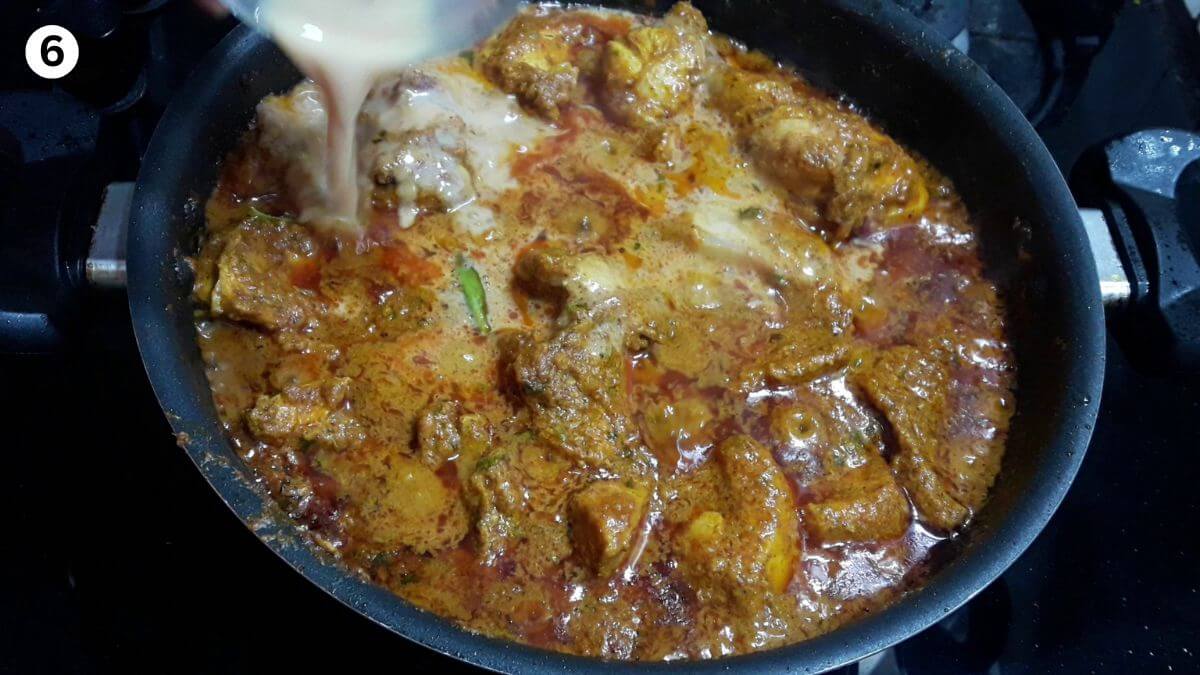 addition of saffron milk to hyderabadi chicken curry.
