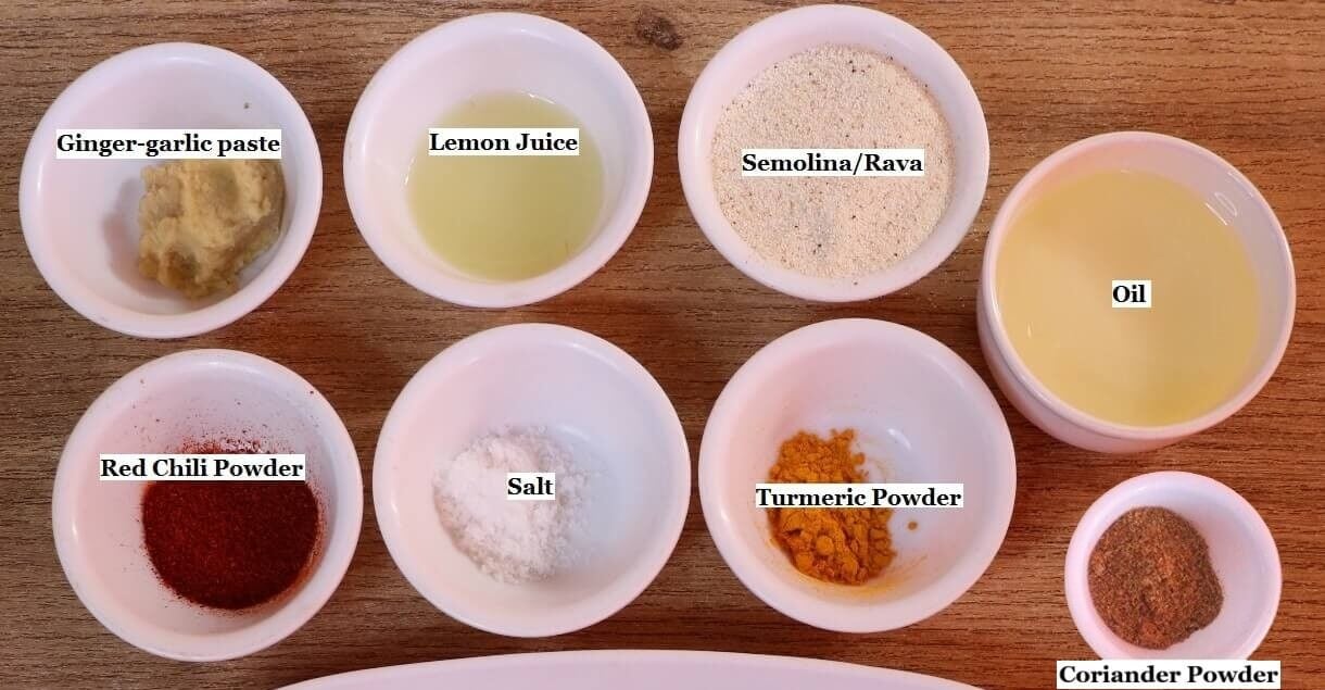 individually labelled ingredients to make mackerel fry are laid out on a table.