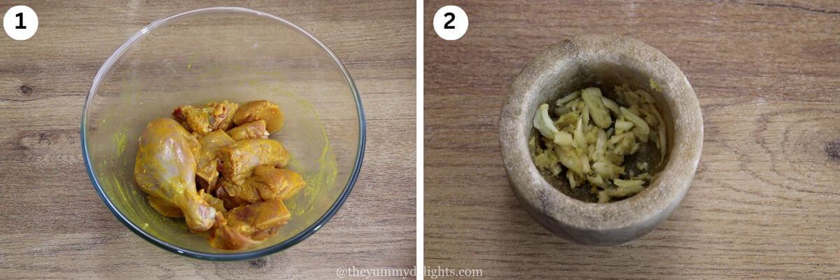 Two-image collage showing the making of Mangalorean chicken sukka. It shows marinated chicken on one side and crushed ginger and garlic in a mortar and pestle on the other.