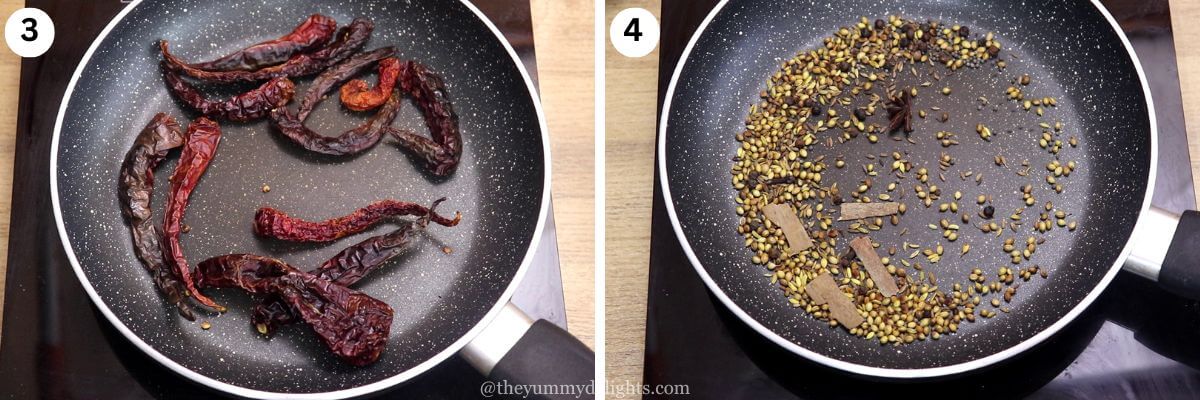 Two-image collage showing red chilies being roasted and whole spices roasted to make chicken sukka masala.