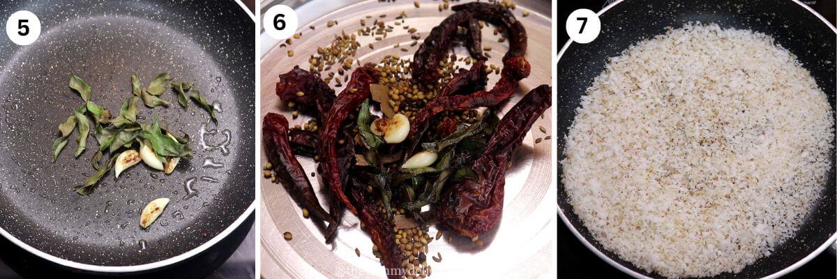 collage of 3 images showing roasting spices and coconut for chicken sukka masala. It shows roasting curry leaves and garlic, toasted spices on a plate, and roasted coconut in a pan.