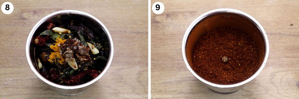 Two-image collage showing roasted spices for chicken sukka masala in a grinder jar and the freshly ground sukka masala.