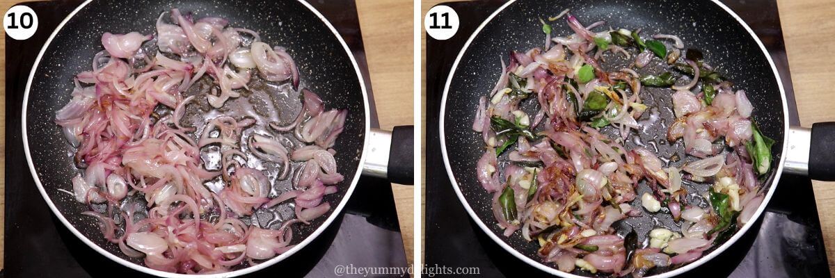 collage of two images showing sauteing onions and addition of ginger-garlic and cooking them.